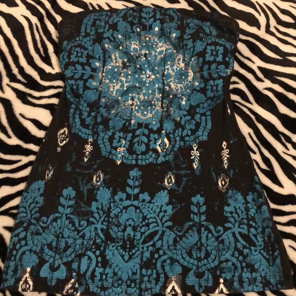 Dolled Up Tops - Dolled Up Black Strapless Top with Teal Medallion Print